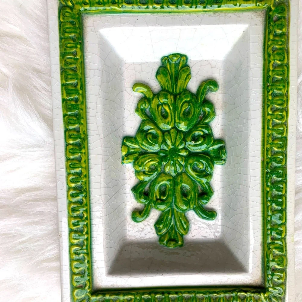 Green and White Decorative MCM Vintage Italian Dish Made In Italy